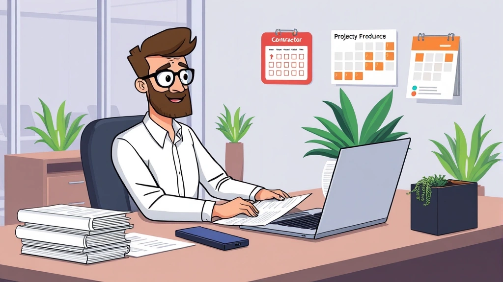 Cartoon illustration of a professional contractor working at a desk with multiple client project files, laptop showing video call, and calendar on the wall, modern office setting with plants