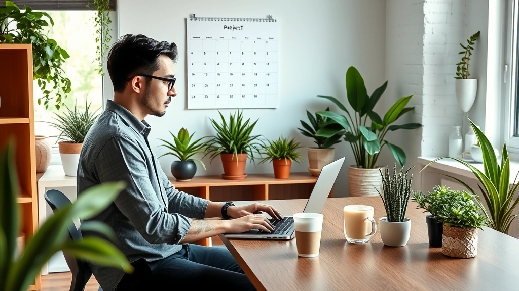 Professional freelancer working at laptop in modern home office with plants, coffee cup, and calendar on wall showing project deadlines