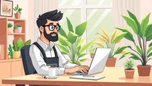 Professional contractor working at laptop in modern home office with coffee cup, plants, and bright natural light, cartoon style illustration