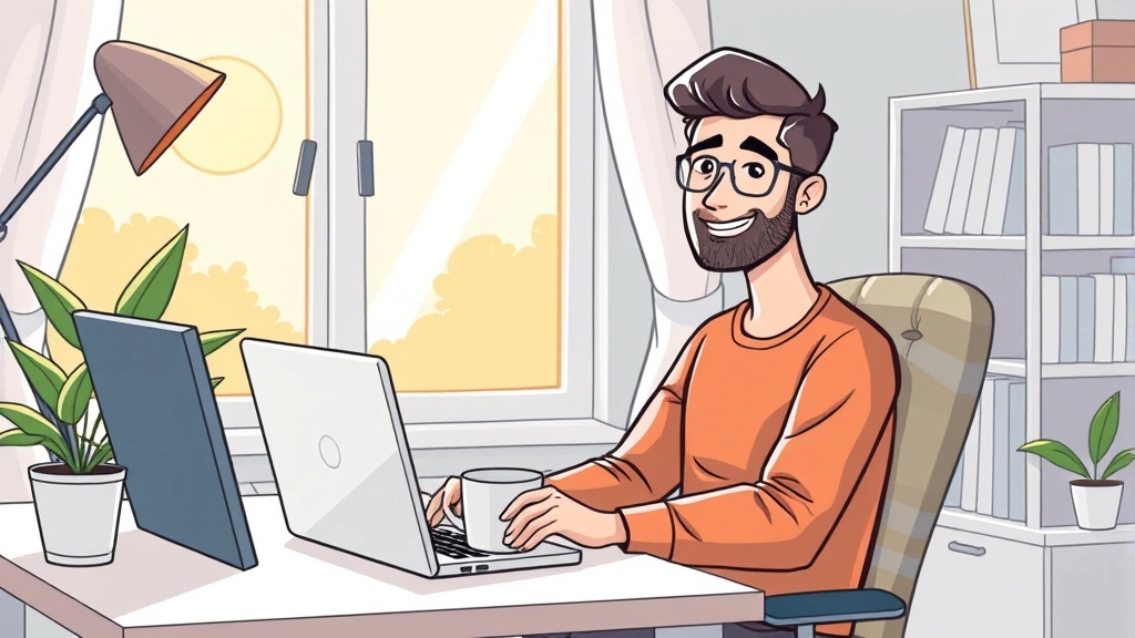 Cartoon illustration of a freelancer sitting at a home desk with laptop, coffee mug, and window showing sunny day, smiling confidently while working independently