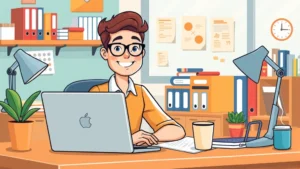Professional freelancer working at desk with laptop, coffee cup, and organized workspace, cartoon style with warm colors, happy focused expression