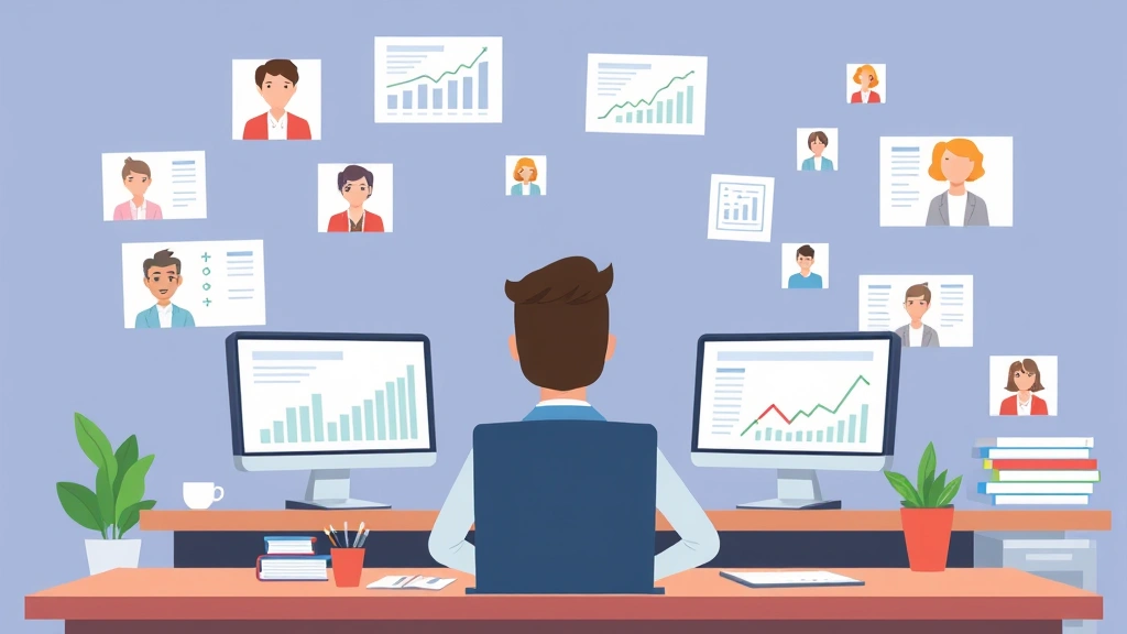 Cartoon illustration of a professional sitting at a desk with multiple computer screens, charts, and client avatars floating around, representing diverse 1099 clients and project management