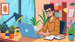 Professional freelancer working at home office with laptop, coffee, and notebook, cartoon style, bright colors, modern workspace setup with plants and desk lamp