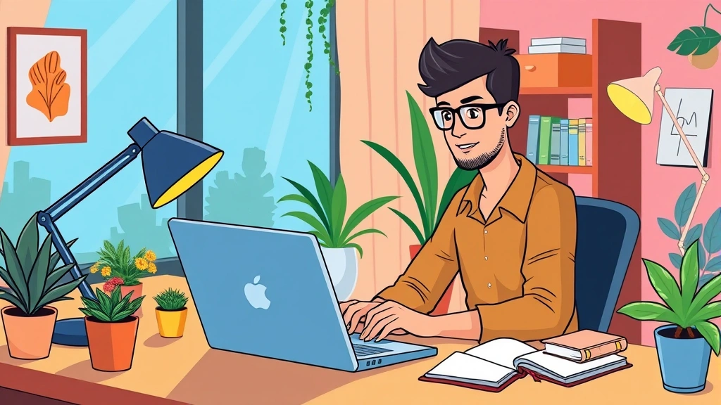 Professional freelancer working at home office with laptop, coffee, and notebook, cartoon style, bright colors, modern workspace setup with plants and desk lamp