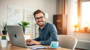 Professional contractor working at laptop in modern home office with coffee, natural light streaming through window, smiling confidently at work setup