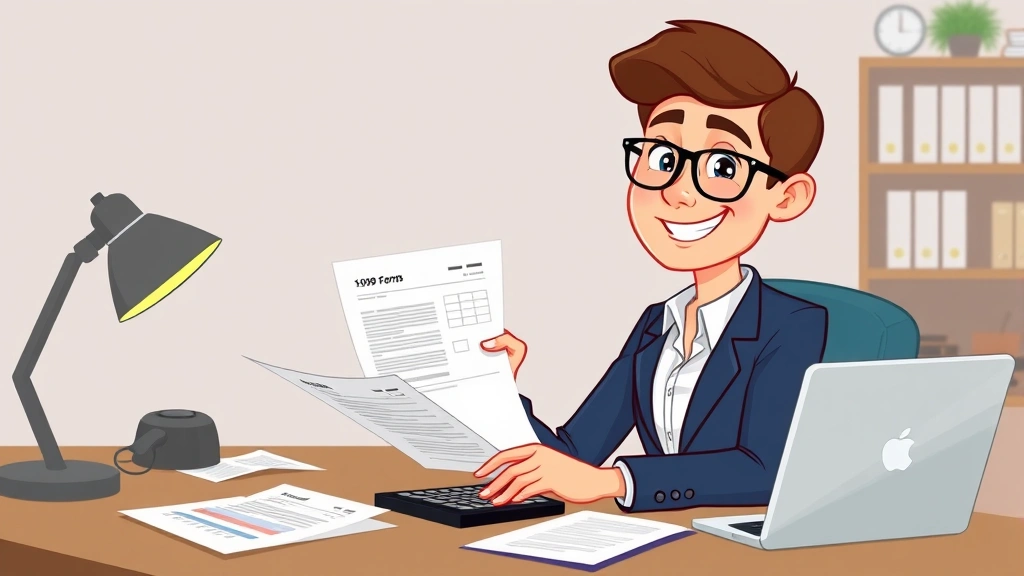 Cartoon professional sitting at desk with laptop, calculator, and paperwork, smiling confidently while reviewing 1099 form and contract documents