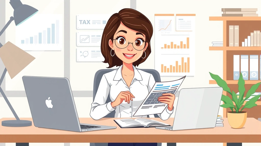 Professional woman reviewing tax documents and calculator at modern desk with laptop, confident expression, organized workspace with financial charts, cartoon illustration style
