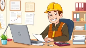 Cartoon professional contractor sitting at desk with laptop, calculator, and tax documents, smiling confidently while organizing paperwork and financial records for quarterly tax planning