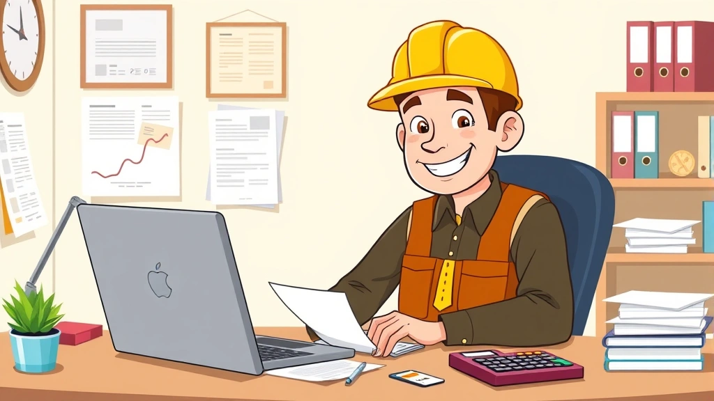 Cartoon professional contractor sitting at desk with laptop, calculator, and tax documents, smiling confidently while organizing paperwork and financial records for quarterly tax planning