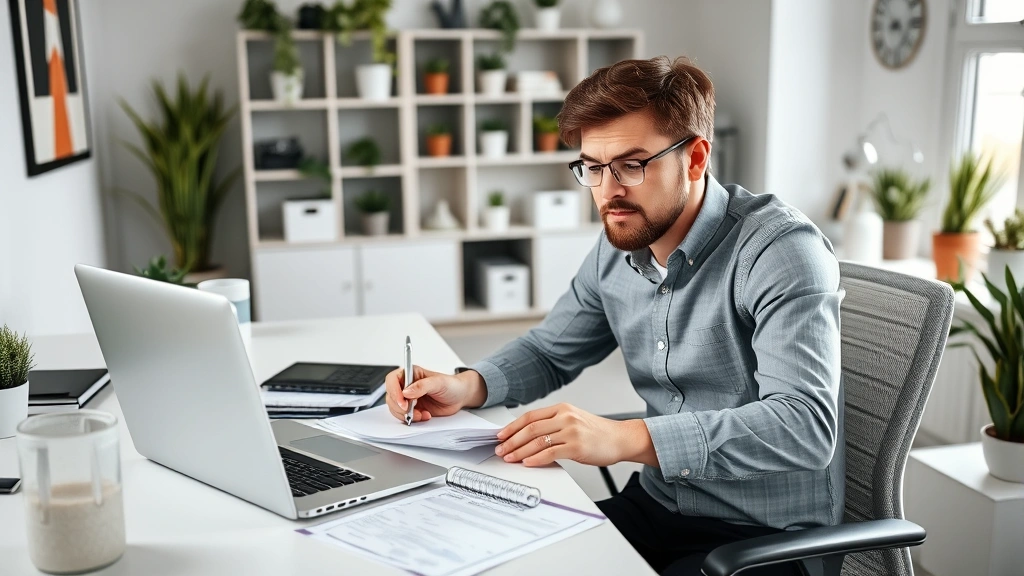 Professional contractor working at desk with laptop, calculator, and tax documents spread out, focused expression, modern home office setting with plants and organized workspace