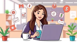 Professional woman working at laptop with coffee cup, surrounded by multiple project icons and dollar signs, bright office background, friendly cartoon style