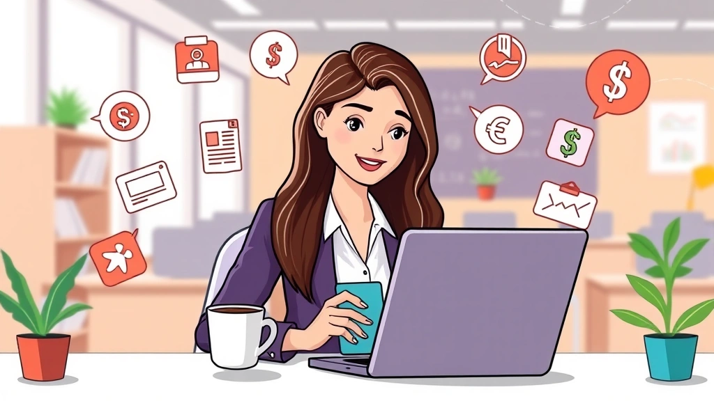 Professional woman working at laptop with coffee cup, surrounded by multiple project icons and dollar signs, bright office background, friendly cartoon style