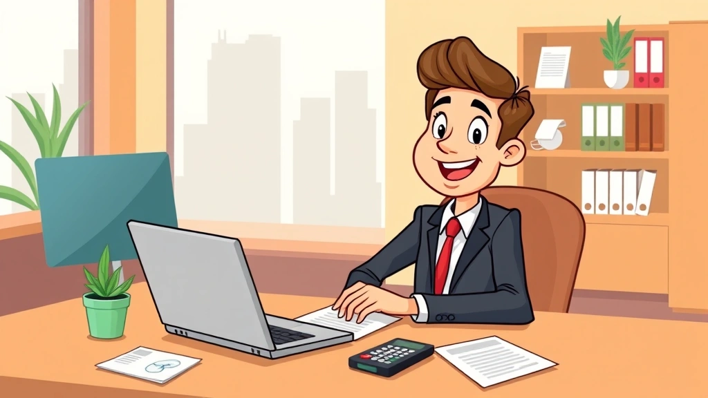 Cartoon professional sitting at desk with laptop, calculator, and financial documents, happy expression, modern office setting, warm colors