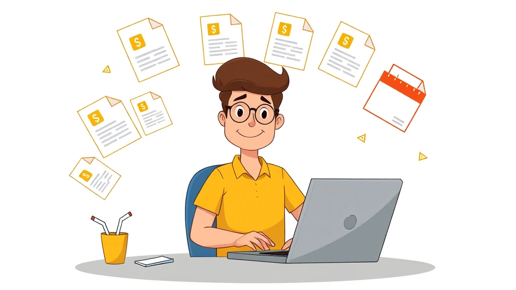Cartoon freelancer confidently working at laptop with multiple project files floating around, dollar signs and calendar icons representing flexibility and income control