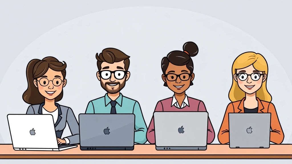 Cartoon illustration of diverse professionals from different fields (tech developer, designer, writer, consultant) working remotely on laptops and tablets, representing various 1099 job opportunities and gig economy work, professional and colorful style