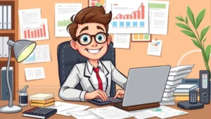 Cartoon professional sitting at desk with laptop and calculator, surrounded by financial documents and charts, smiling confidently while organizing papers