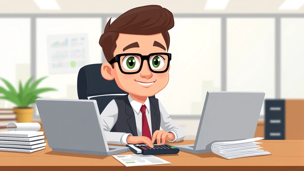 Cartoon professional sitting at desk with laptop, calculator, and financial documents, bright office background, confident expression, representing contractor financial planning