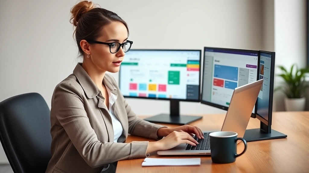 Professional woman sitting at laptop reviewing 1099 job opportunities on multiple screens with colorful job board interfaces visible, coffee mug nearby, focused expression