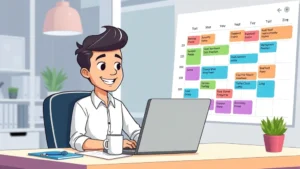 Cartoon professional freelancer sitting at desk with laptop, coffee cup, and calendar showing different colored project blocks and client names, bright modern office setting