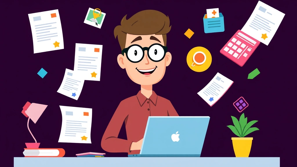 Cartoon professional sitting at desk with laptop surrounded by floating documents, invoices, and calculator icons in vibrant colors, representing freelance work and financial management
