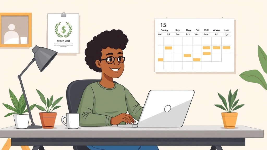 Cartoon illustration of a diverse freelancer sitting at home desk with laptop, coffee cup, and calendar on wall showing project timeline and dollar signs floating around, modern minimalist office setup with plants