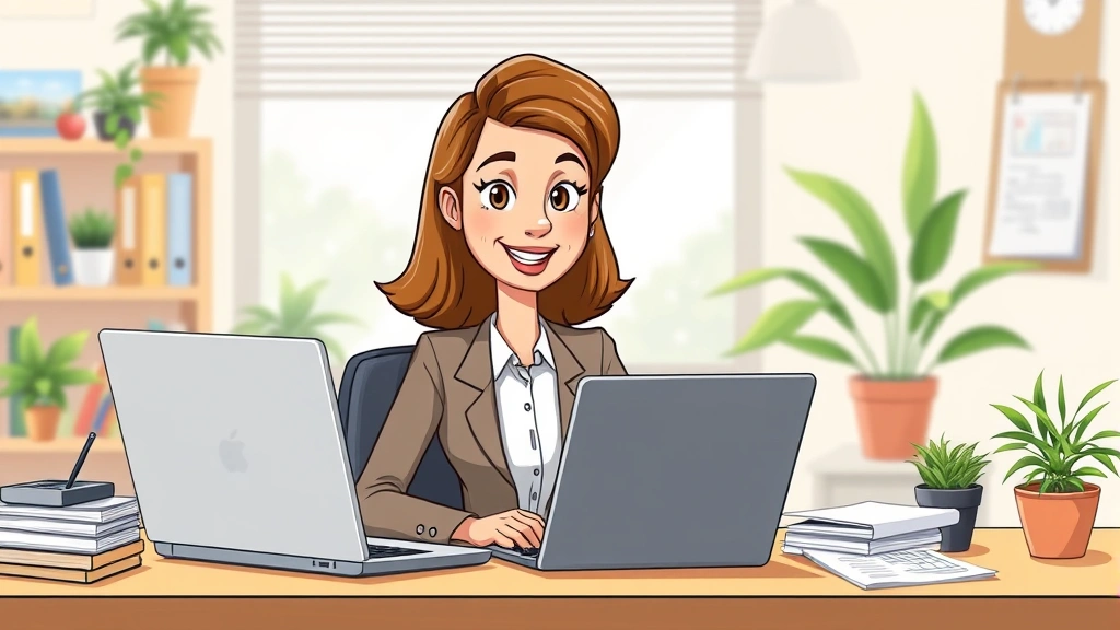 Cartoon professional sitting at desk with laptop, calculator, and tax forms, looking confident and organized, bright workspace with plants and natural light