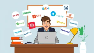 Cartoon professional sitting at desk with laptop and multiple client logos floating around, colorful and energetic, representing diverse freelance clients and opportunities