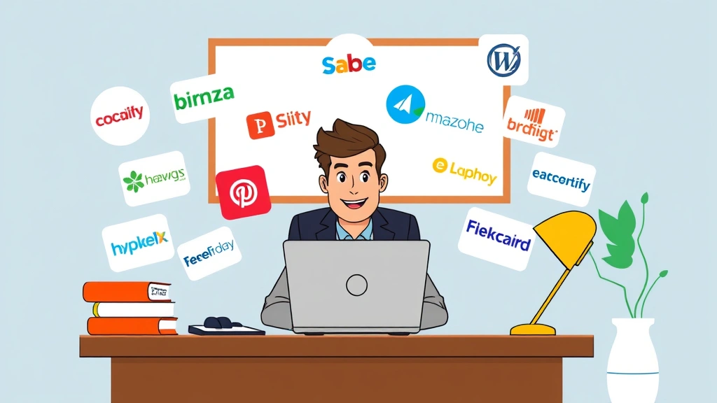 Cartoon professional sitting at desk with laptop and multiple client logos floating around, colorful and energetic, representing diverse freelance clients and opportunities