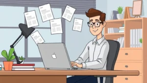 Cartoon illustration of a professional freelancer working on a laptop at a home office desk with multiple project files floating around, representing juggling 1099 contracts and independent work