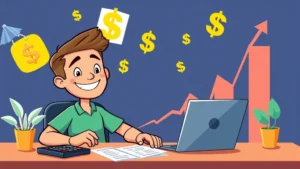 Cartoon freelancer sitting at desk with laptop, calculator, and invoices, smiling confidently with floating dollar signs and growth chart in background, vibrant colors
