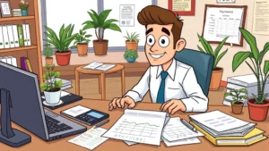Cartoon professional contractor at desk with laptop, calculator, and papers showing income tracking and tax forms, busy but organized workspace with plants