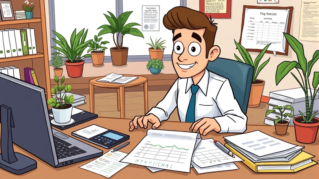 Cartoon professional contractor at desk with laptop, calculator, and papers showing income tracking and tax forms, busy but organized workspace with plants