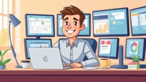 Cartoon professional freelancer sitting at desk with laptop, coffee cup, and calendar showing flexible schedule, surrounded by multiple computer screens, smiling and focused, bright office environment