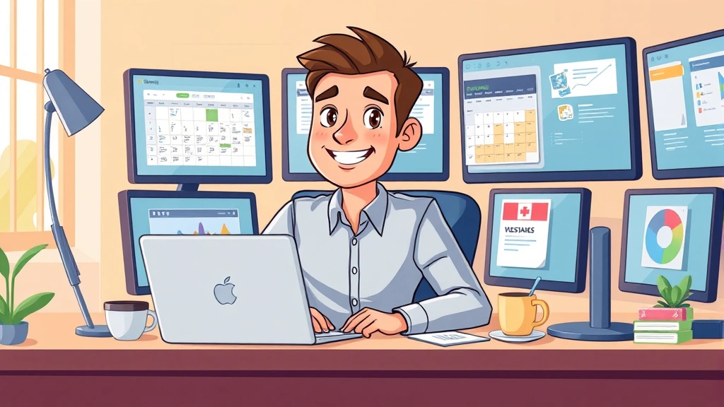 Cartoon professional freelancer sitting at desk with laptop, coffee cup, and calendar showing flexible schedule, surrounded by multiple computer screens, smiling and focused, bright office environment