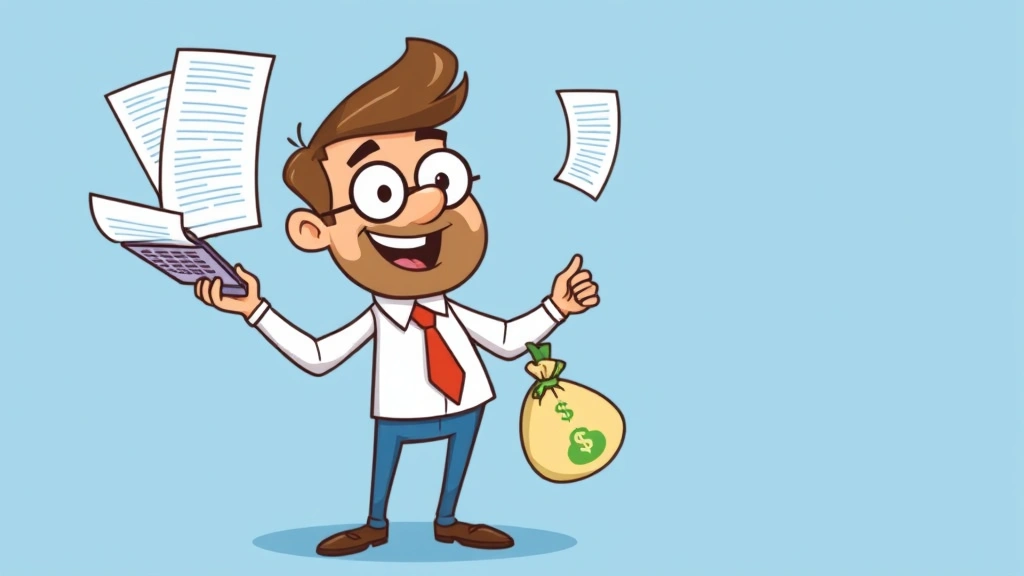 Cartoon character juggling tax documents, calculator, and money bags, representing self-employment tax management and financial planning for independent contractors