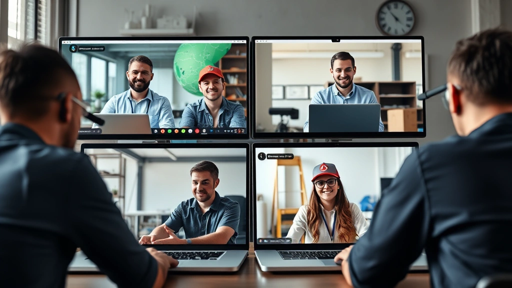 Diverse group of contractors collaborating online through video call on laptop screens showing different skill sets and locations