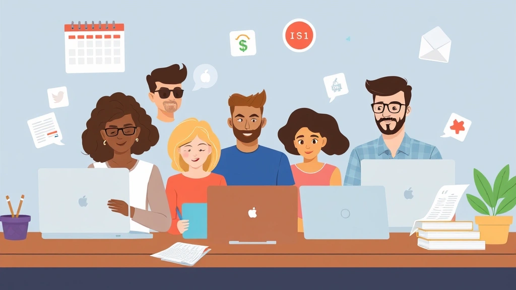 Diverse freelancers collaborating virtually across laptop screens, calendar, and financial documents, representing gig economy diversity, cartoon style