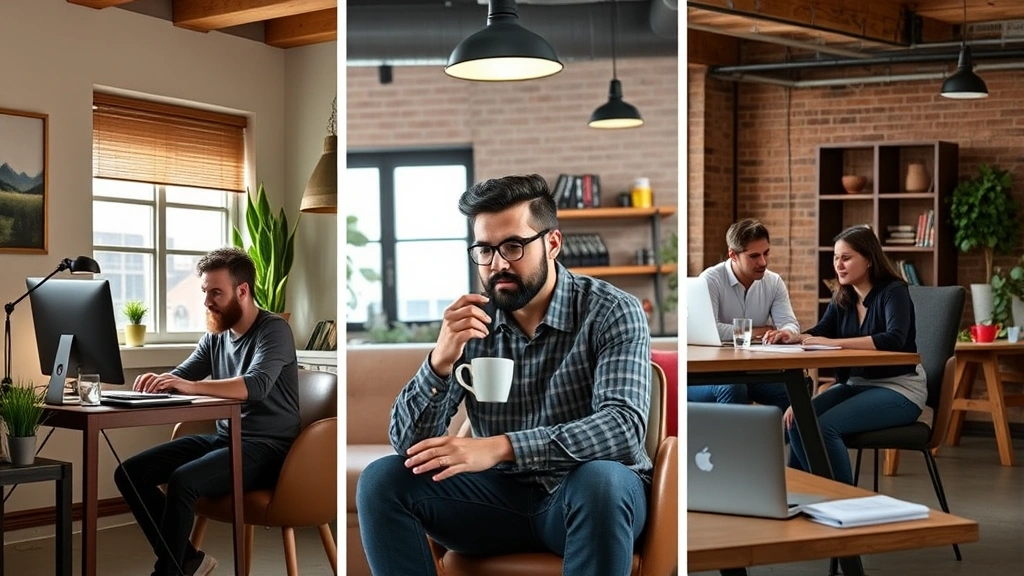 Diverse group of independent contractors in different settings—home office, coffee shop, collaborative workspace—illustrating flexibility and freedom of 1099 work arrangements