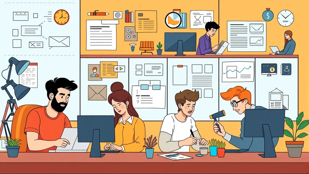 Diverse group of independent contractors working on different projects simultaneously, cartoon style, showing various professions like designer, writer, developer, illustrator collaborating remotely