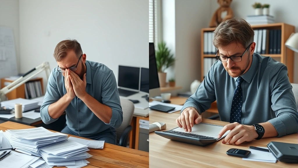 Split-screen comparison: left side shows frustrated contractor stressed about taxes with papers everywhere, right side shows organized contractor with clear desk and calculator