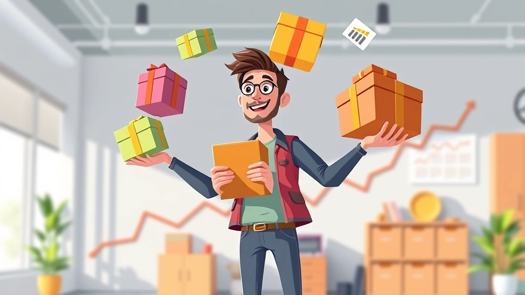 Animated freelancer juggling multiple client projects represented as colorful packages, standing in bright office space with growth chart in background