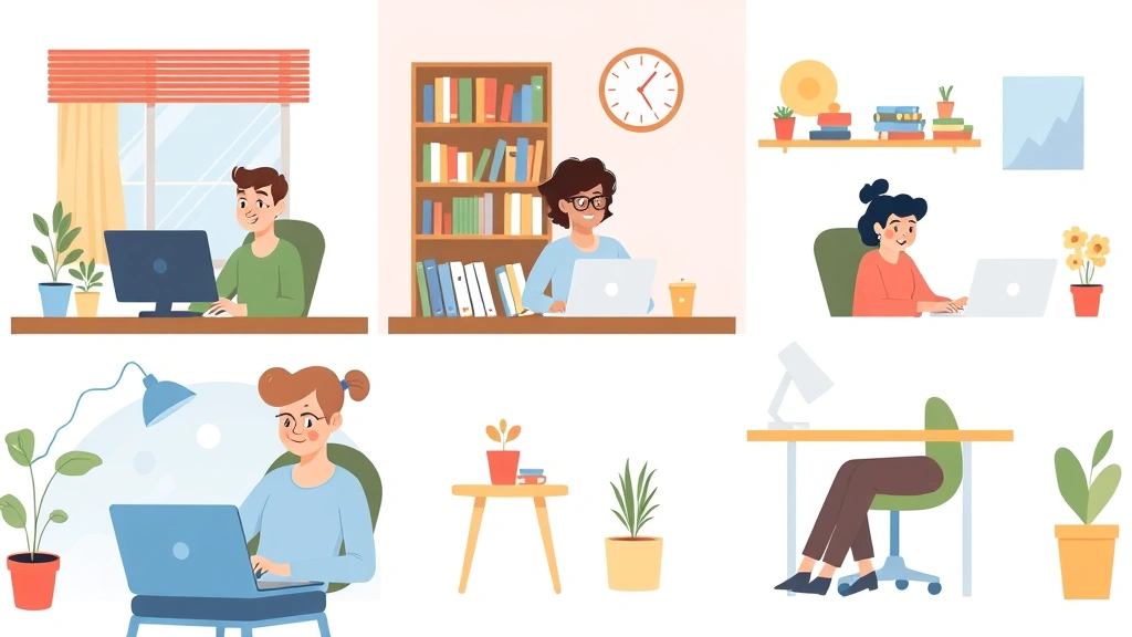 Diverse contractors working independently in different settings—home office, coffee shop, co-working space—showing flexibility and autonomy of 1099 work, cheerful cartoon style
