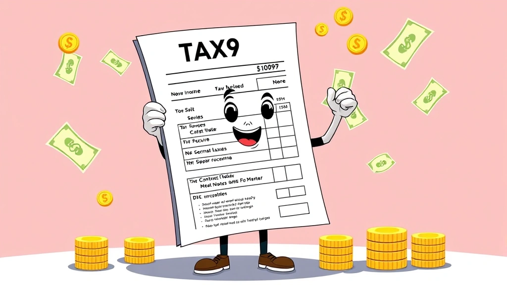 Cartoon character holding large tax form 1099 document with coins and dollar bills floating around, representing self-employment income, taxes, and financial responsibility of contract work