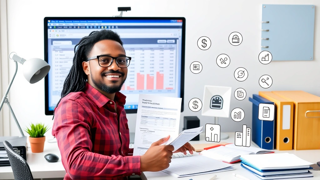 Diverse freelancer reviewing quarterly tax forms and financial spreadsheets on computer screen, confident pose, multiple income streams illustrated with icons, organized desk with filing system