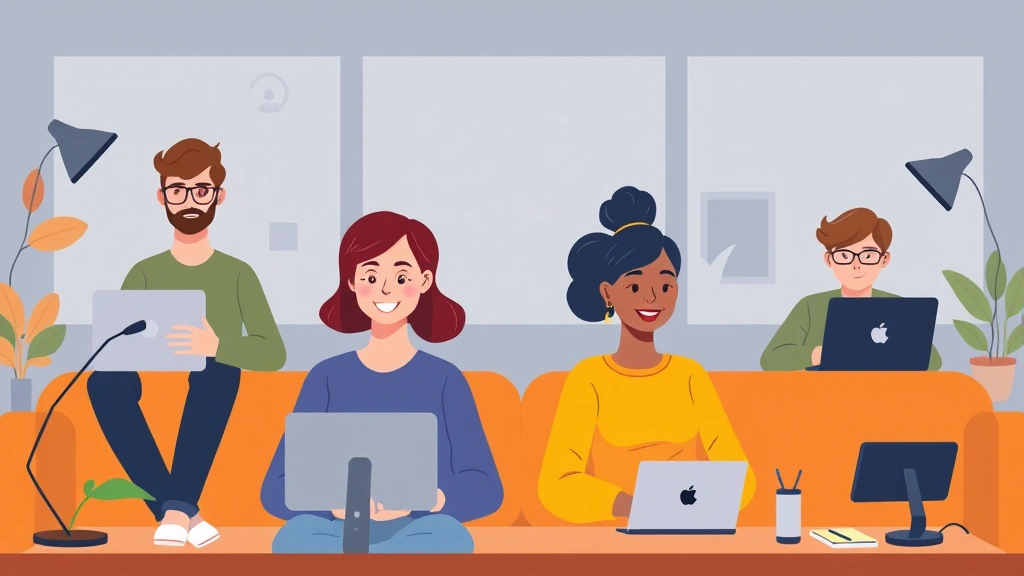 Diverse group of freelancers collaborating remotely on different devices, showing teamwork and independence, warm colors and modern tech elements, cartoon illustration