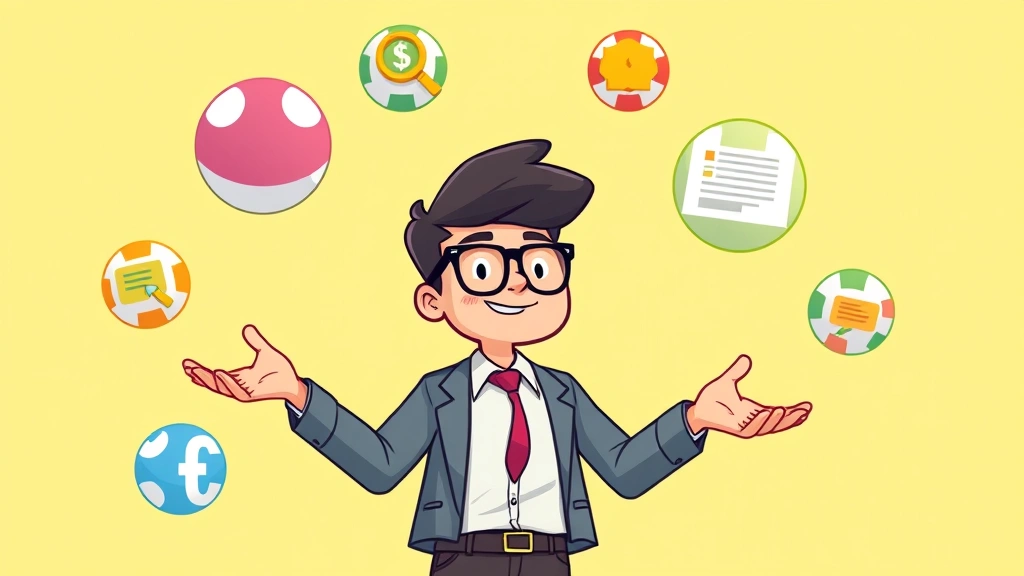 Cartoon freelancer juggling multiple client projects represented by colorful balls, confident posture, productivity theme, bright background