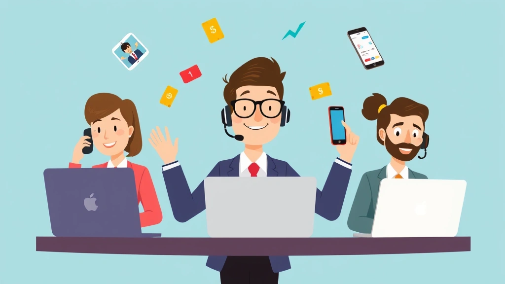Cartoon professional juggling multiple client laptops and phones simultaneously, diverse clients represented as colorful characters, showing multiple income streams and business growth
