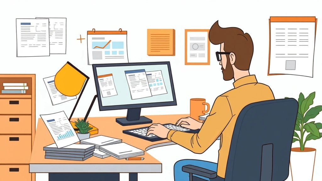 Cartoon illustration of independent contractor managing business tasks including invoices, calendar planning, client meetings, and financial documents at a modern desk workspace, showing self-employment responsibilities and business management