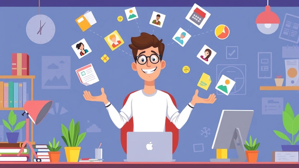 Cartoon freelancer juggling multiple projects and client icons, colorful workspace environment, showing portfolio and network connections, dynamic and productive scene