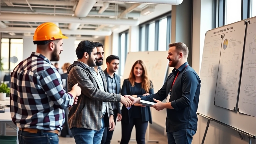 Diverse group of contractors collaborating in modern office space, shaking hands, exchanging business cards, whiteboards with project details visible, natural lighting